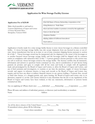 Application for Wine Storage Facility License - Vermont