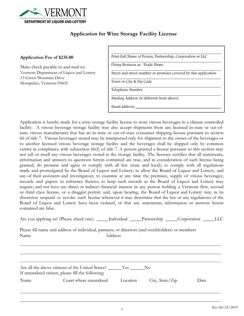 Application for Wine Storage Facility License - Vermont Download Pdf