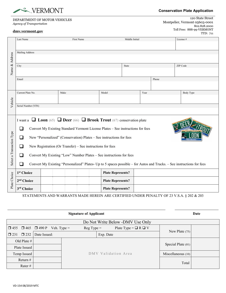 Form VD-154 Conservation Plate Application - Vermont, Page 1