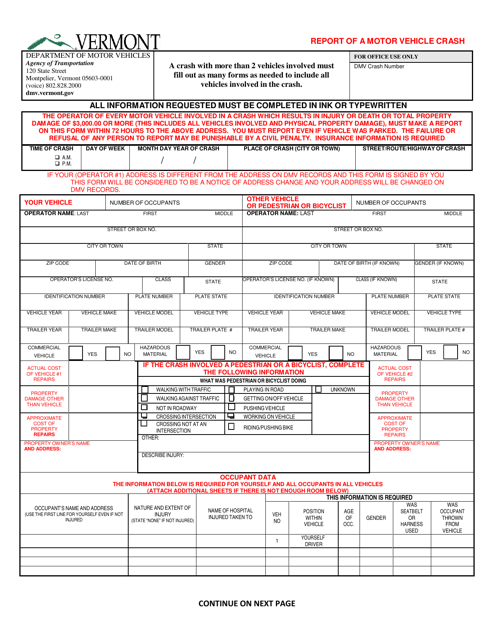 Form VA-004 Report of a Motor Vehicle Crash - Vermont
