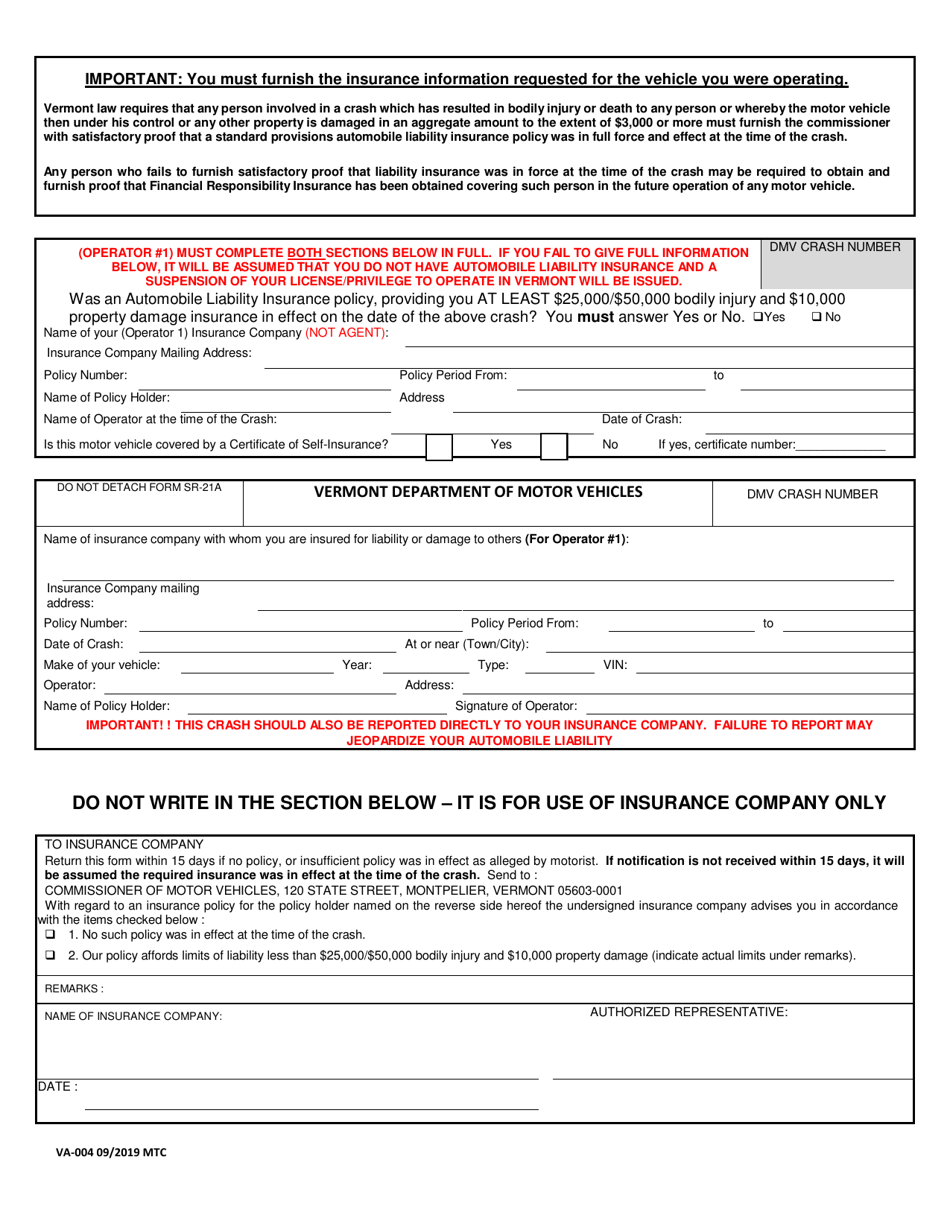 Form VA-004 Report of a Motor Vehicle Crash - Vermont, Page 3