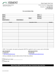 Form VG-019 Dealer Supply Order Form - Vermont