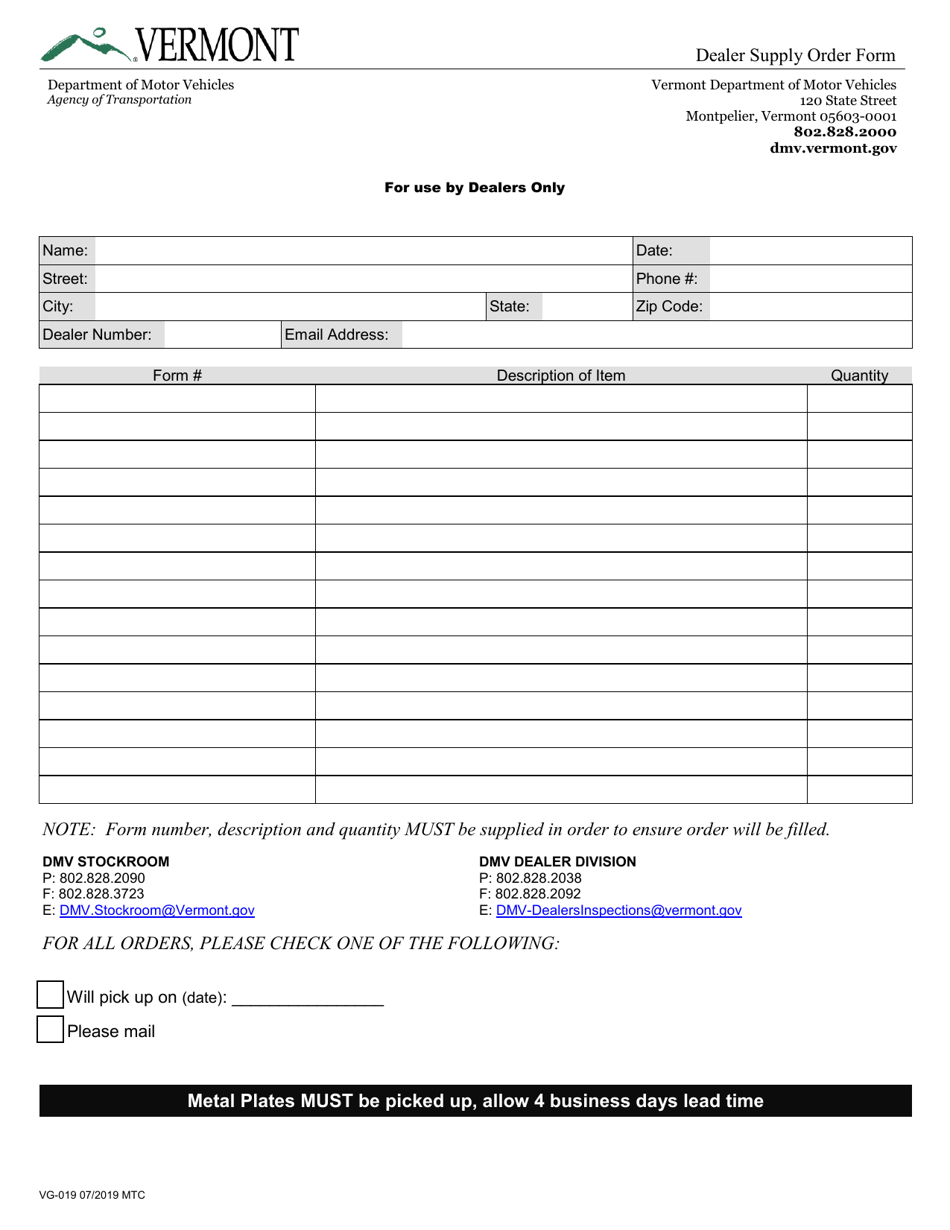 Form VG-019 Dealer Supply Order Form - Vermont, Page 1