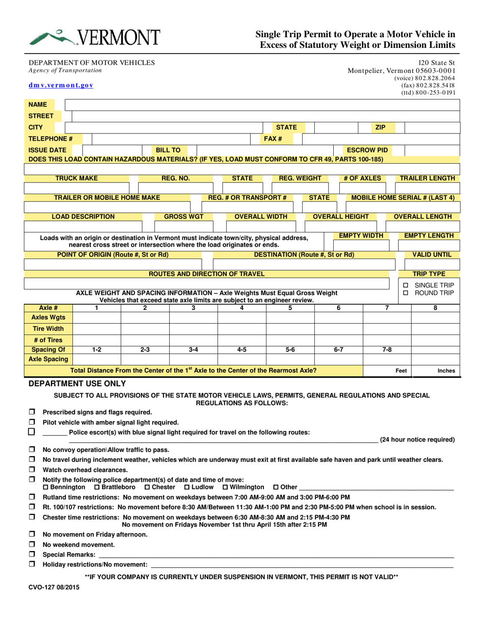 Form CVO-127 Single Trip Permit to Operate a Motor Vehicle in Excess of Statutory Weight or Dimension Limits - Vermont, Page 1