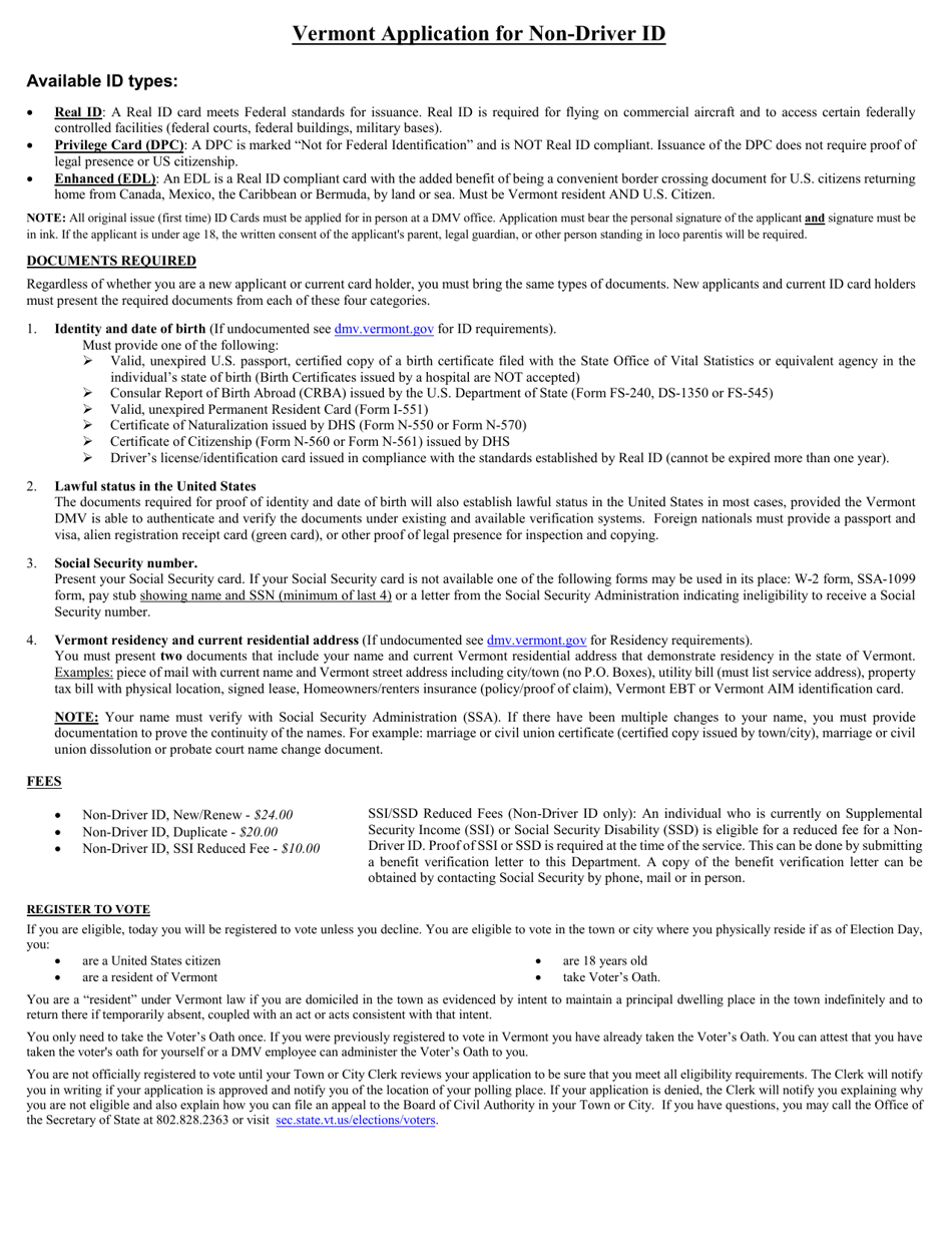 Form VL-017 Vermont Application for Non-driver Id - Vermont, Page 1