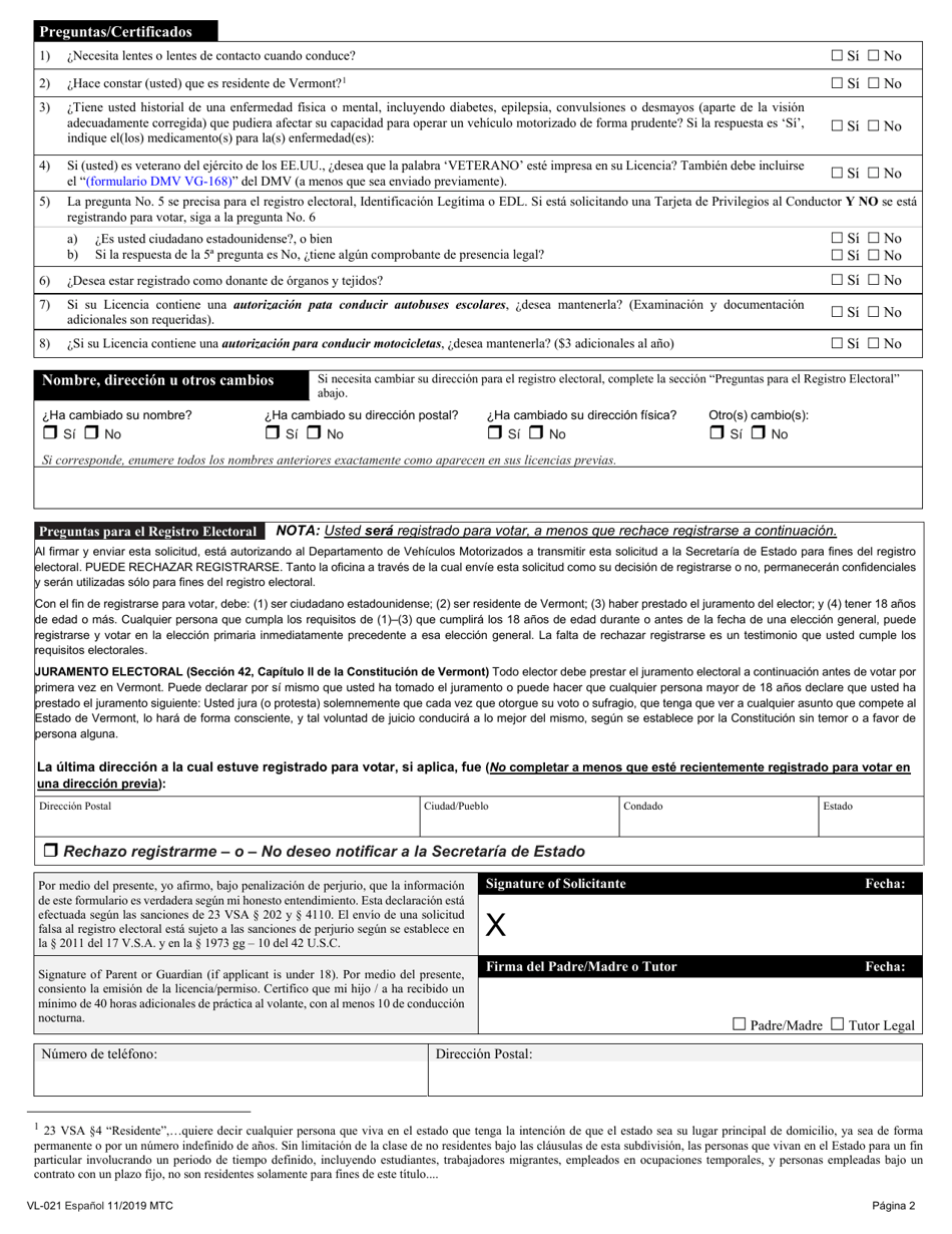 Formulario VL-021 Solicitud De Licencia / Permiso - Vermont (Spanish), Page 3