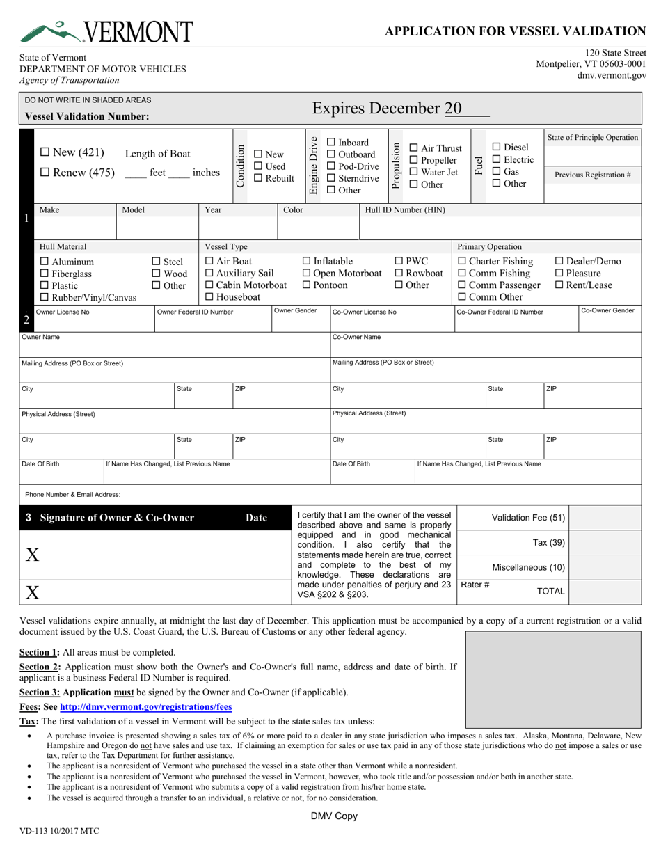 Form VD-113 Application for Vessel Validation - Vermont, Page 1