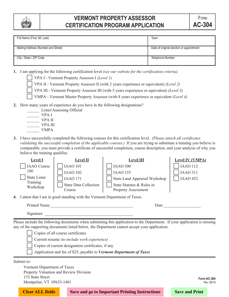 VT Form AC-304 Vermont Property Appraiser Certification Program Application - Vermont, Page 1
