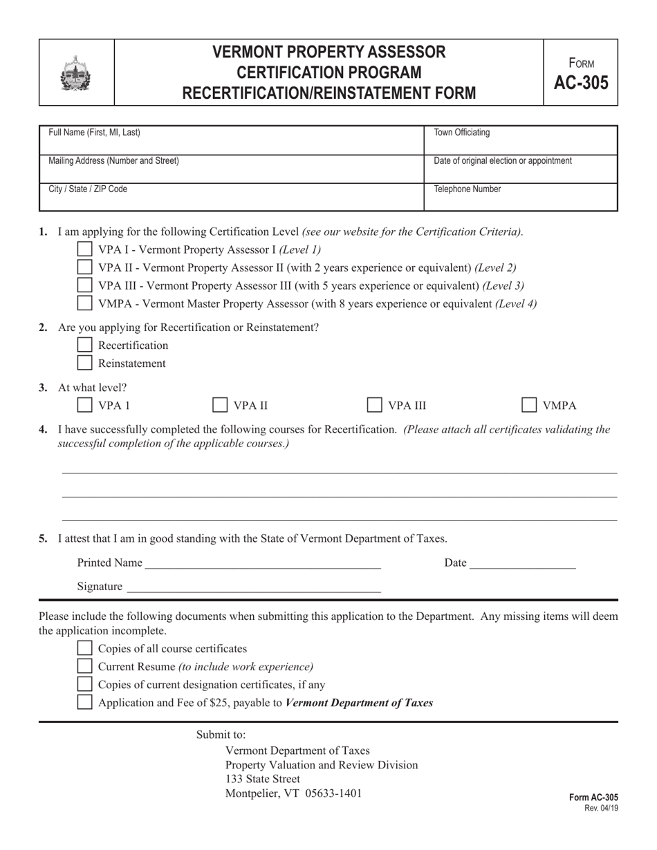 VT Form AC-305 Vermont Property Assessor Certification Program Recertification / Reinstatement Form - Vermont, Page 1