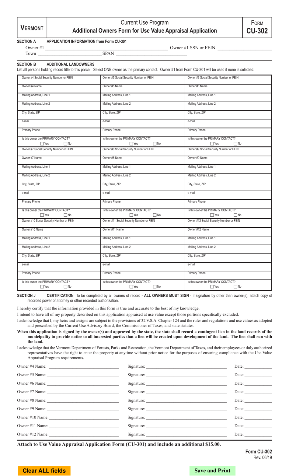 Form CU-302 Additional Owners Form for Use Value Appraisal Application - Vermont, Page 1