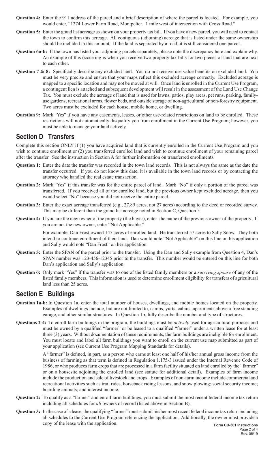 Form CU-301 Current Use Program Use Value Appraisal Application for Agricultural Land, Forest Land, Conservation Land and Farm - Vermont, Page 2