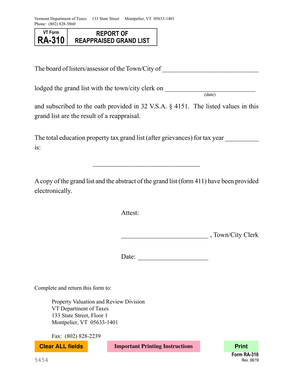 VT Form RA-310 - Fill Out, Sign Online and Download Fillable PDF ...