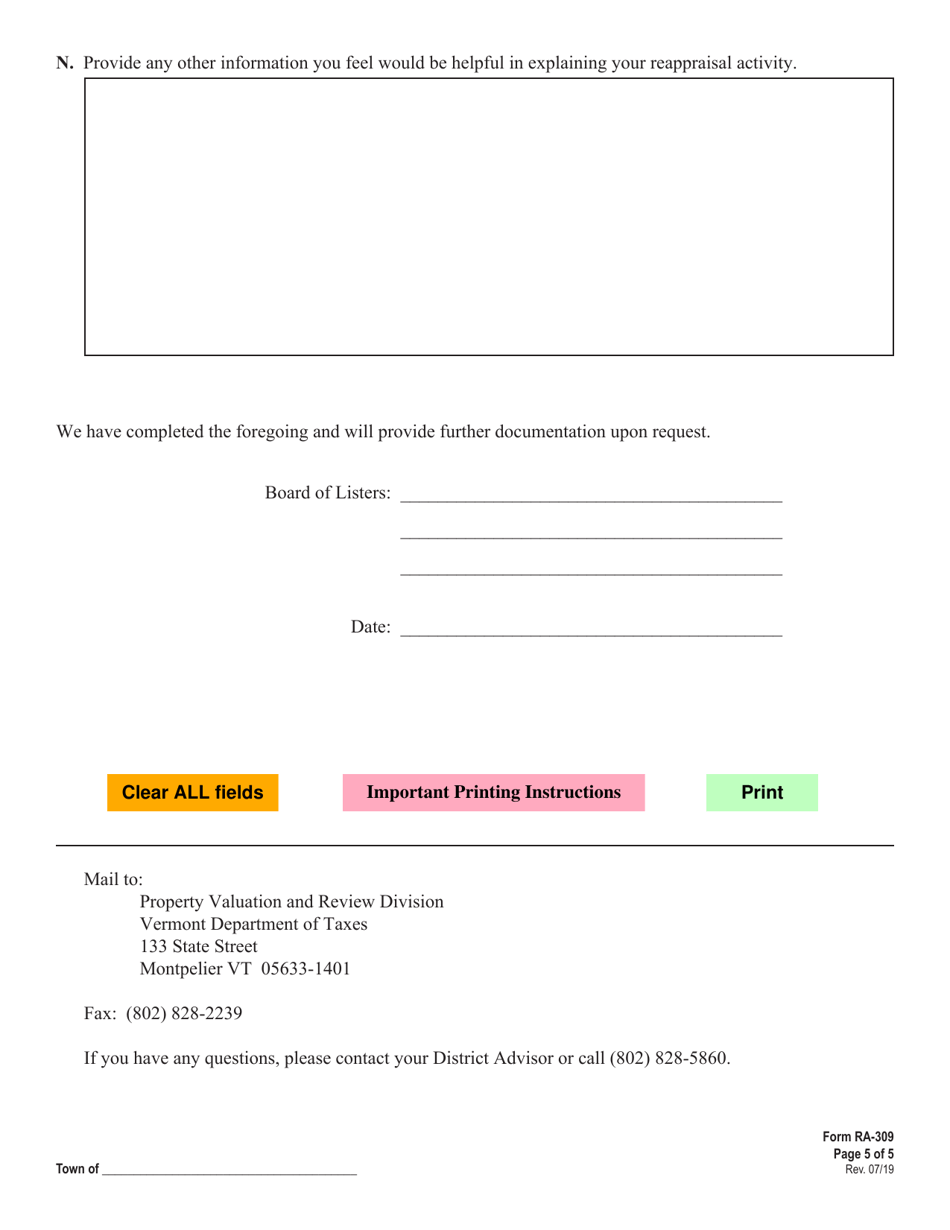 VT Form RA-309 Detailed Reappraisal Compliance Report - Vermont, Page 5