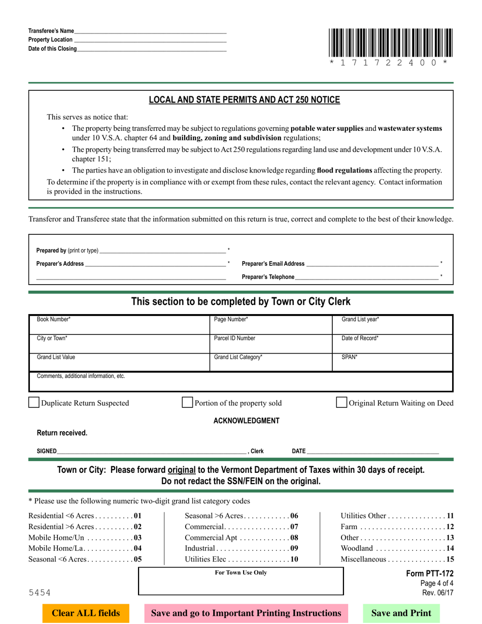 VT Form PTT-172 Vermont Property Transfer Tax Return - Vermont, Page 4
