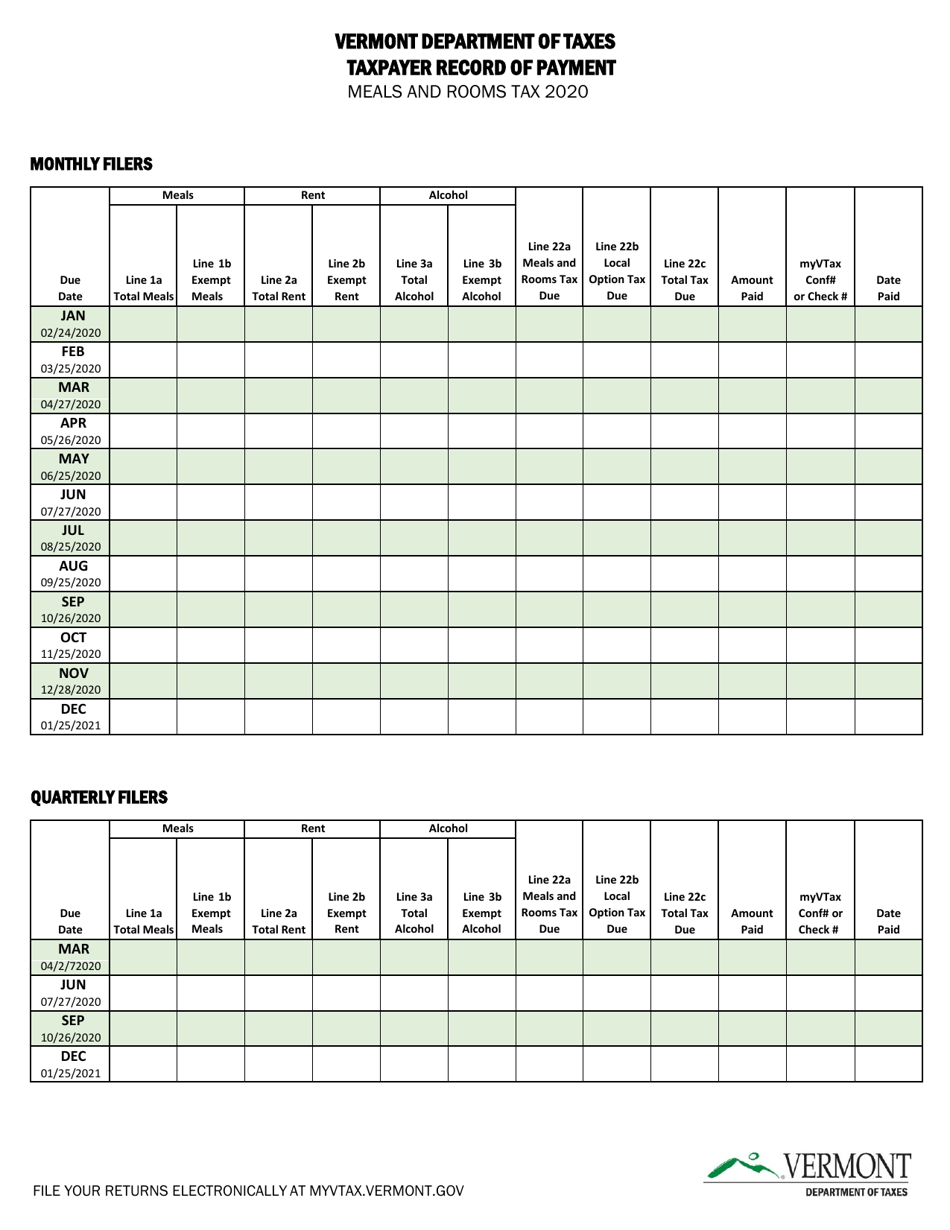 2020 Vermont Meals and Rooms Tax Record of Payment Fill Out, Sign