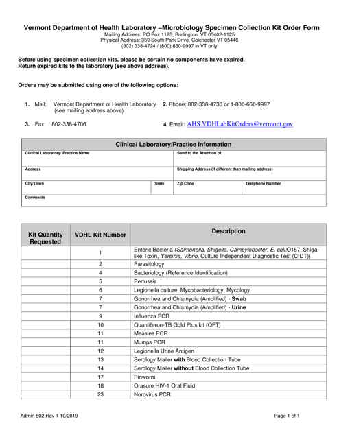 Form Admin502 Microbiology Specimen Collection Kit Order Form - Vermont
