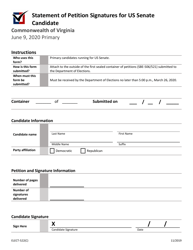 Form ELECT-522(C) &quot;Statement of Petition Signatures for US Senate Candidate&quot; - Virginia, 2020
