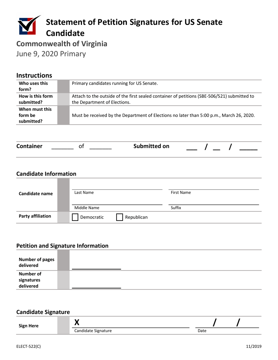 Form ELECT-522(C) Statement of Petition Signatures for US Senate Candidate - Virginia, Page 1