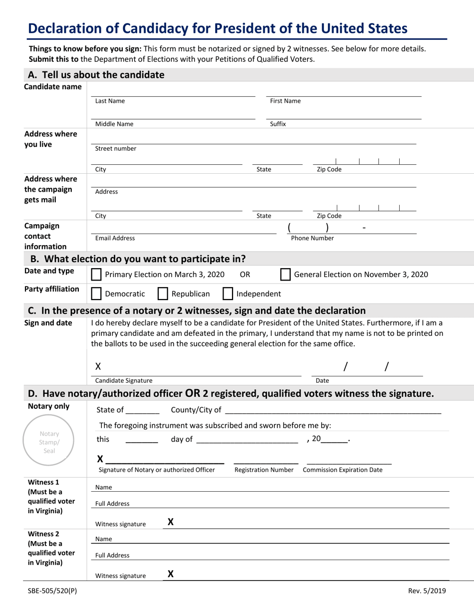 Form SBE-505 / 520(P) Declaration of Candidacy for President of the United States - Virginia, Page 1