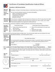Form ELECT-501(FED) Certificate of Candidate Qualification Federal Offices - Virginia