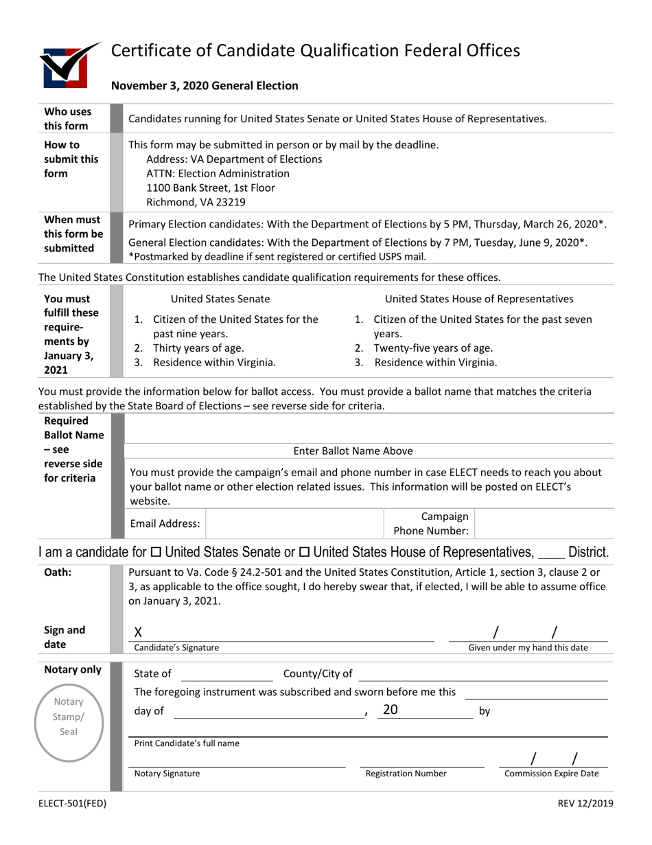 Form ELECT-501(FED) Certificate of Candidate Qualification Federal Offices - Virginia, Page 1
