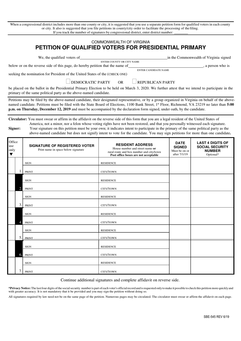 Form SBE-545 Petition of Qualified Voters for Presidential Primary - Virginia, Page 1