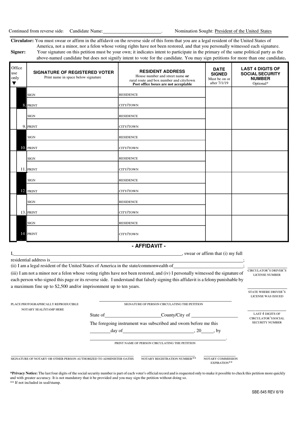 Form SBE-545 Petition of Qualified Voters for Presidential Primary - Virginia, Page 2