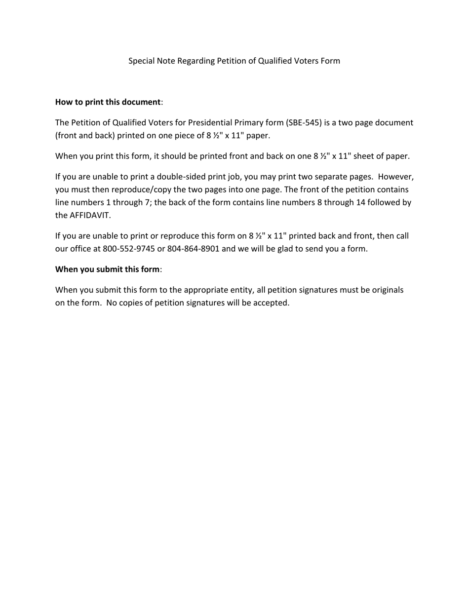 Form SBE-545 Petition of Qualified Voters for Presidential Primary - Virginia, Page 3