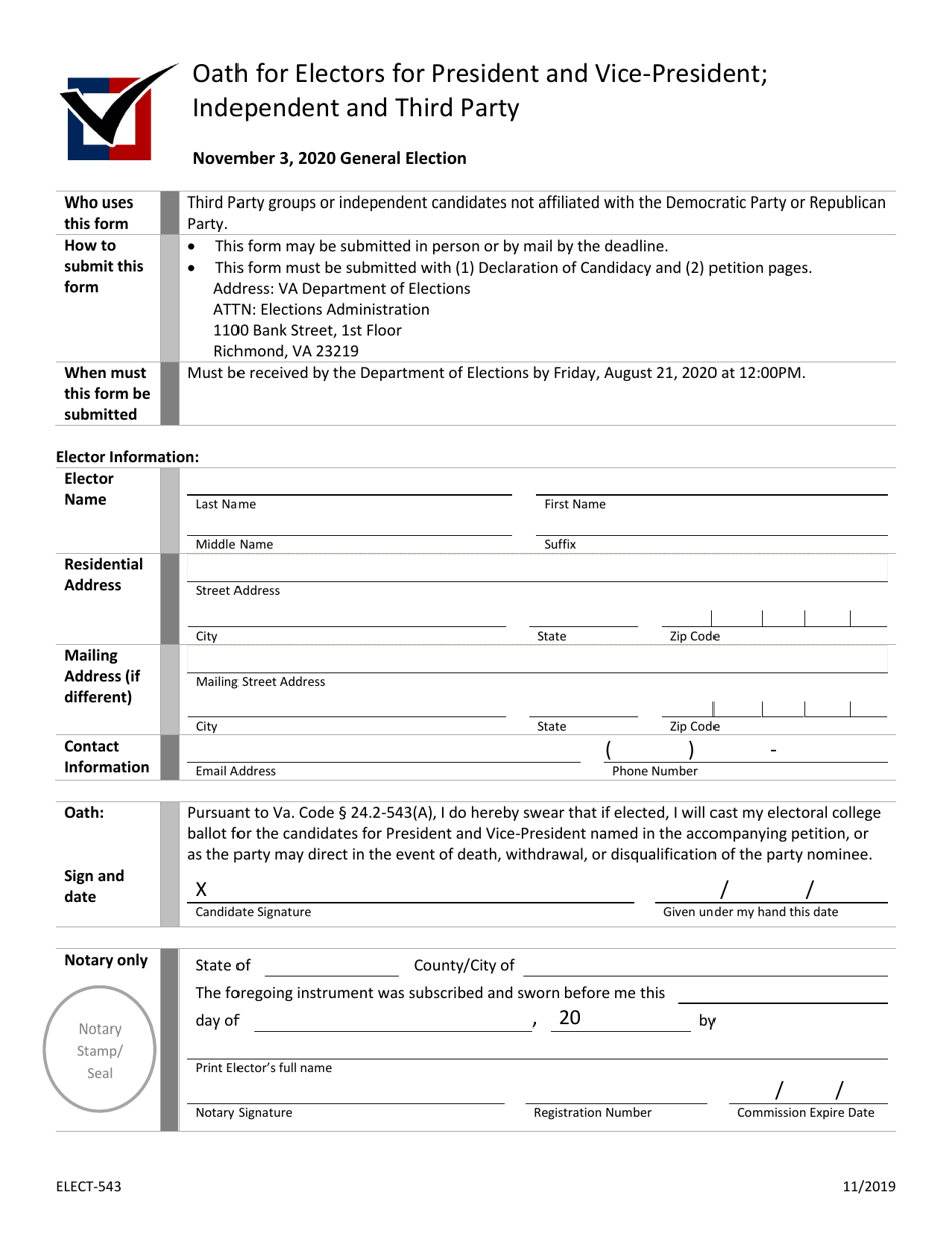 Form ELECT-543 Oath for Electors for President and Vice-President; Independent and Third Party - Virginia, Page 1