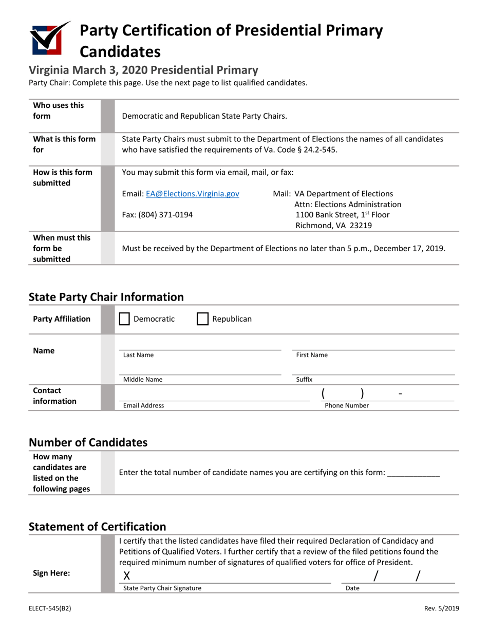 Form ELECT-545(B2) Party Certification of Presidential Primary Candidates - Virginia, Page 1