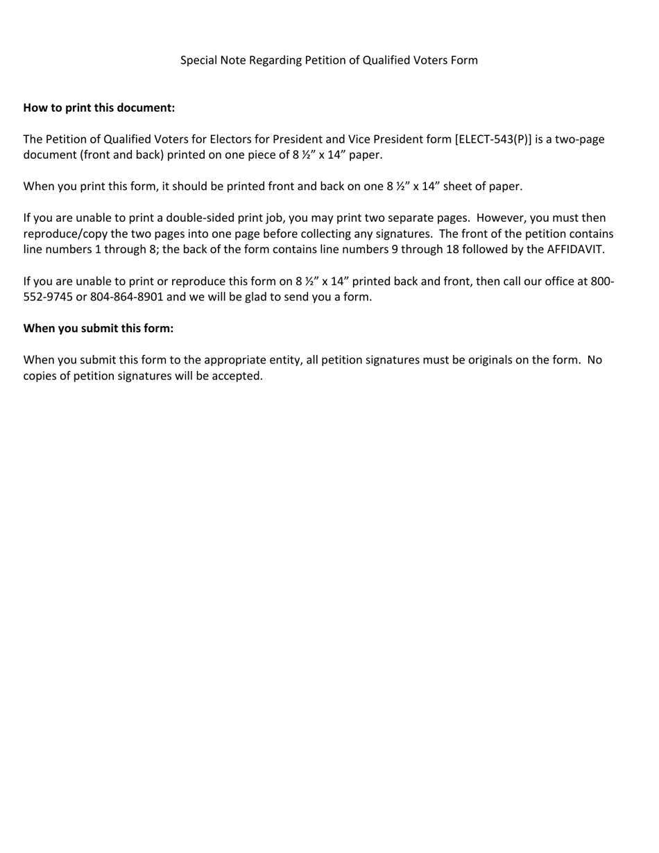 Form ELECT-543(P) Petition of Qualified Voters for Electors for President and Vice President - Virginia, Page 3