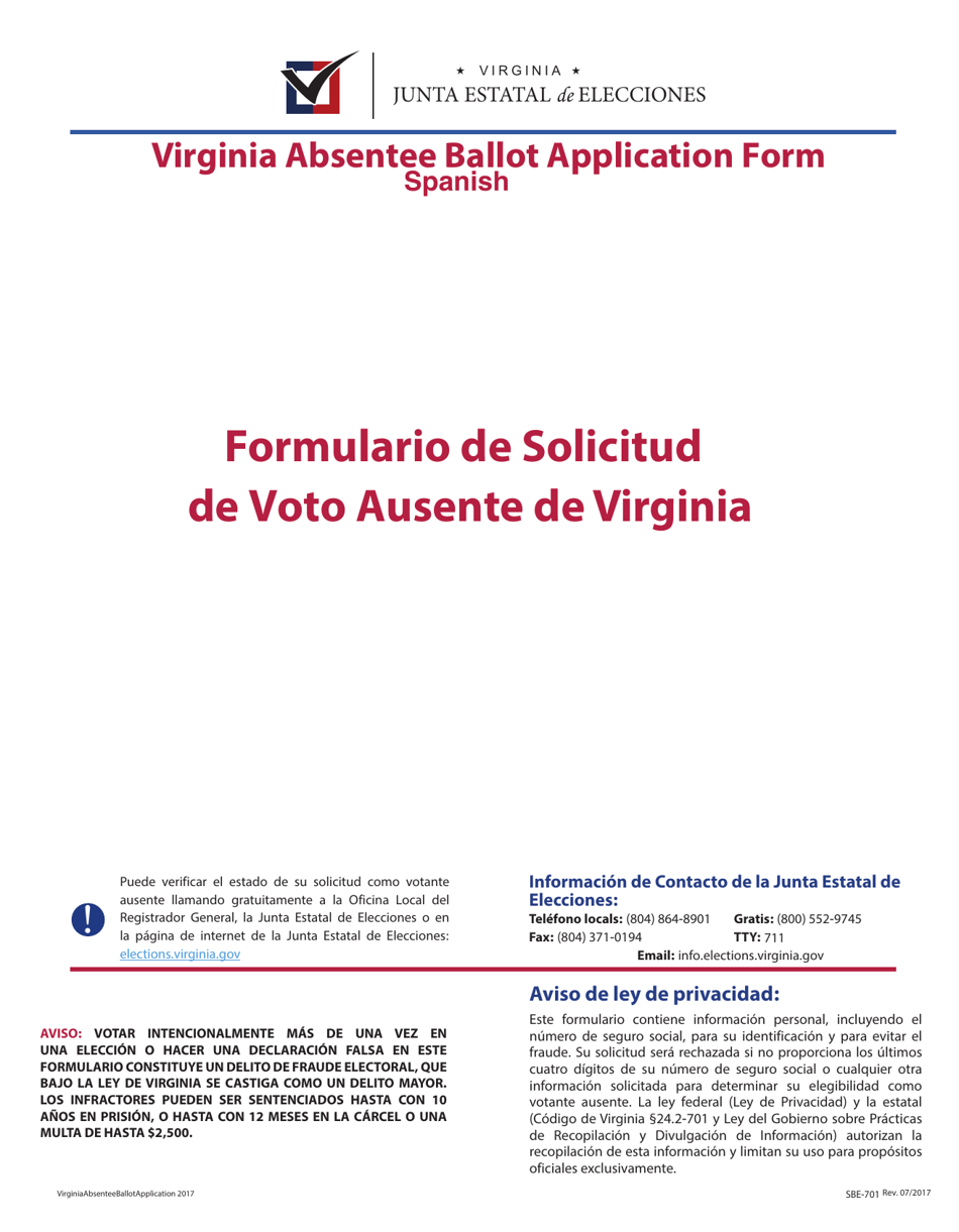 Form SBE-701 Virginia Absentee Ballot Application Form - Virginia (English / Spanish), Page 1