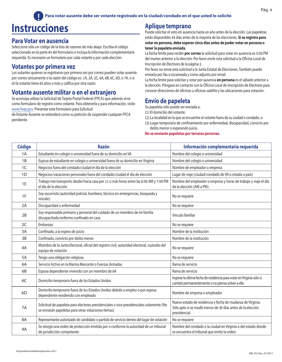 Form SBE-701 Virginia Absentee Ballot Application Form - Virginia (English / Spanish), Page 4