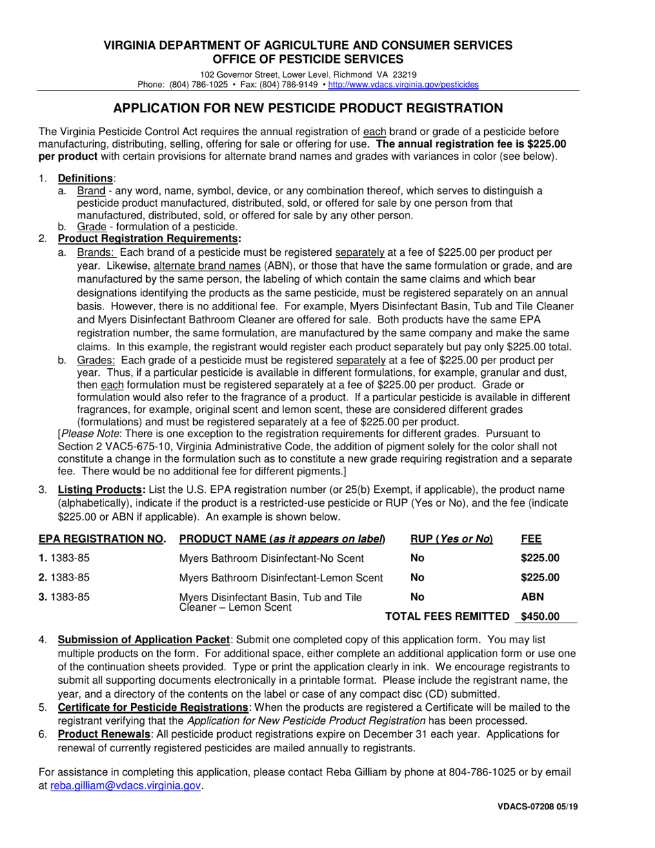 Form VDACS-07208 Application for New Pesticide Product Registration - Virginia, Page 1