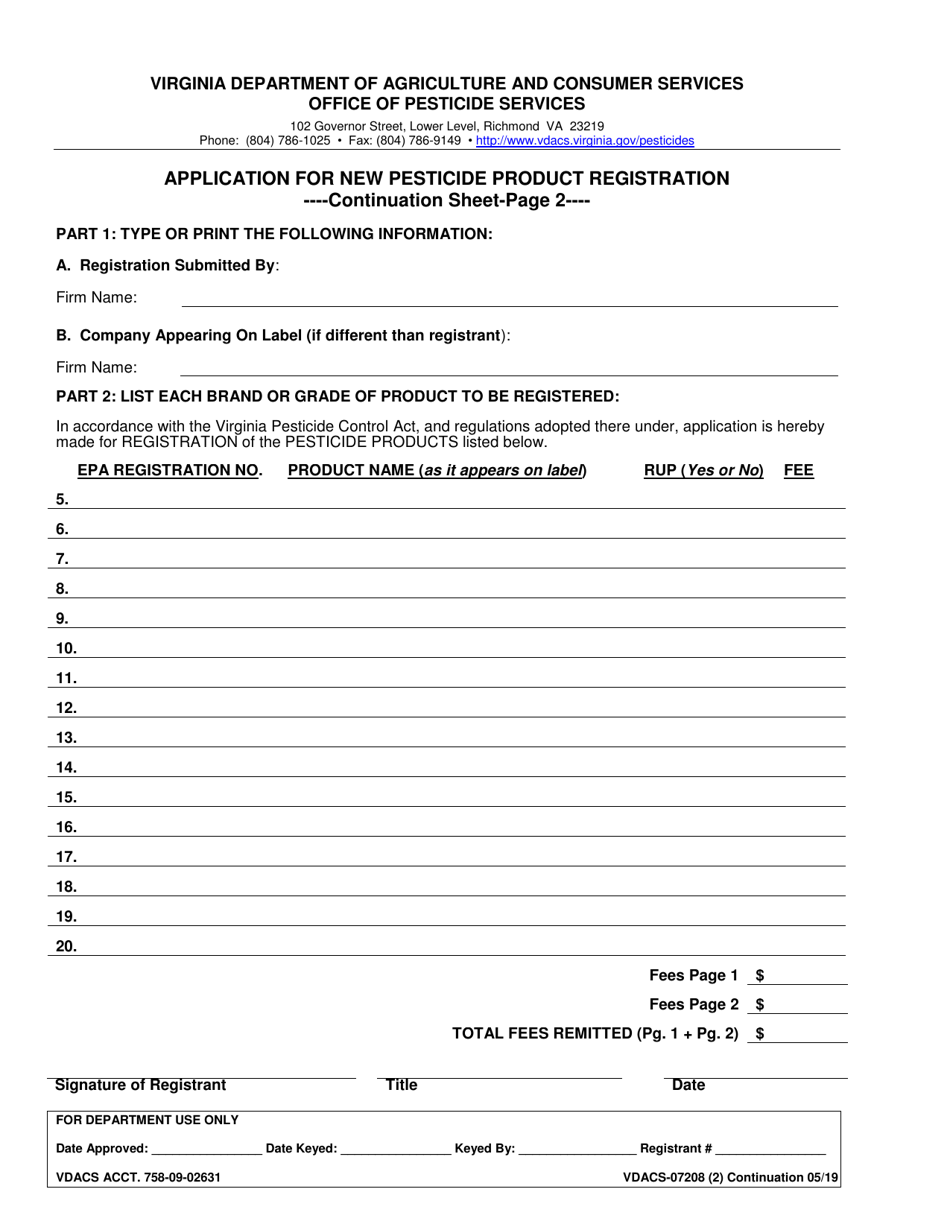 Form VDACS07208 Download Printable PDF or Fill Online Application for