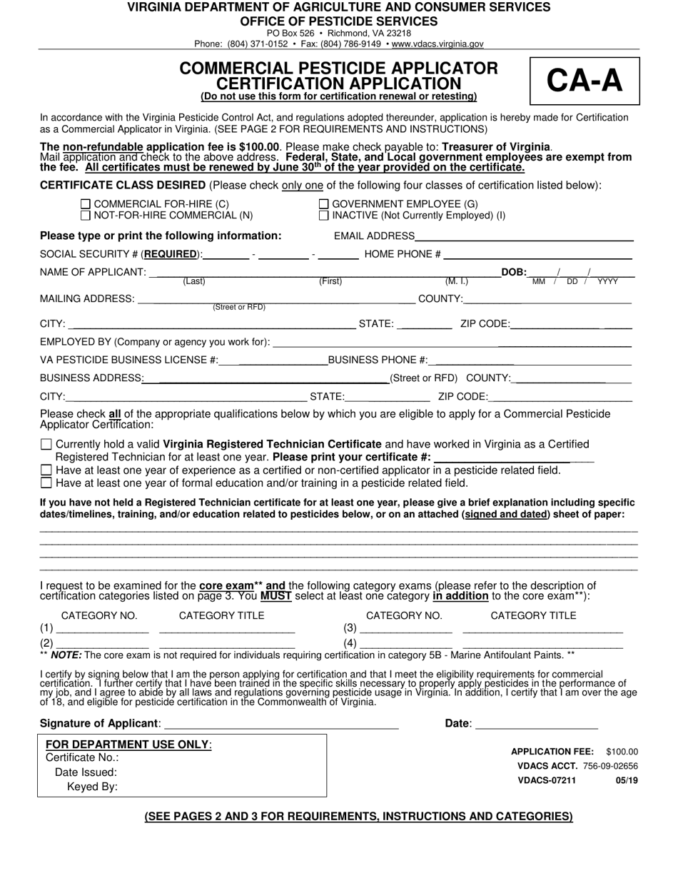 Commercial Pesticide Applicator Certification Application - Virginia, Page 1