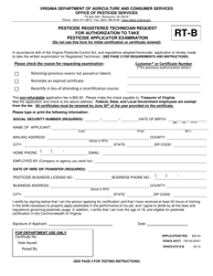 Document preview: Pesticide Registered Technician Request for Authorization to Take Pesticide Applicator Examination - Virginia