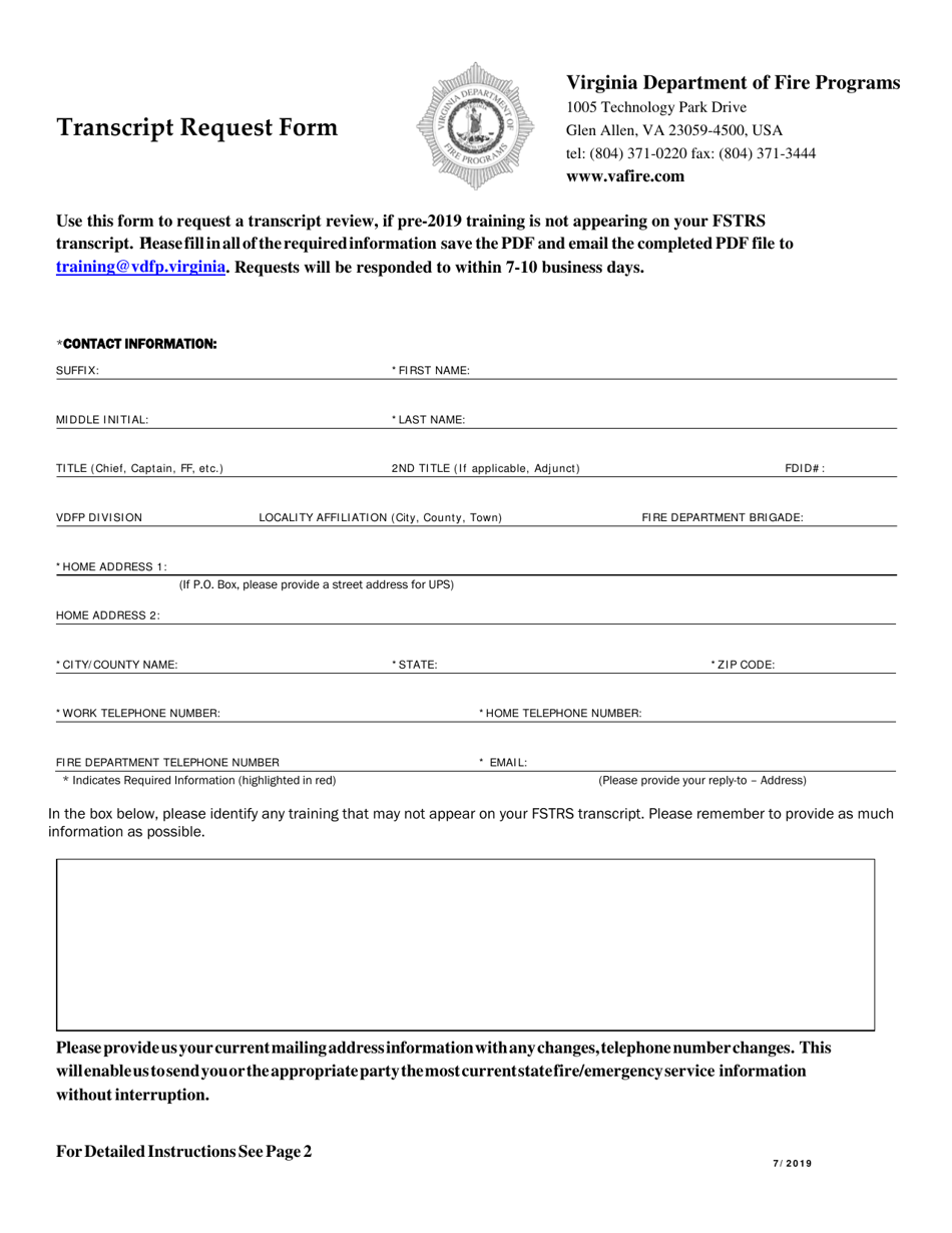 Transcript Request Form - Virginia, Page 1