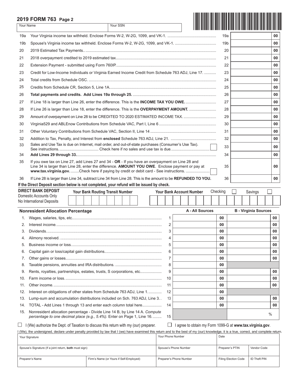 Form 763 Virginia Nonresident Income Tax Return - Virginia, Page 2