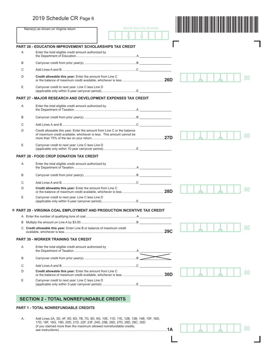Form 760 (760PY; 763; 765) Schedule CR Credit Computation Schedule - Virginia, Page 6