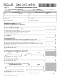 Form 502 Schedule VK-1 Virginia Pass-Through Entity Owner&#039;s Share of Income and Virginia Modifications and Credits - Virginia