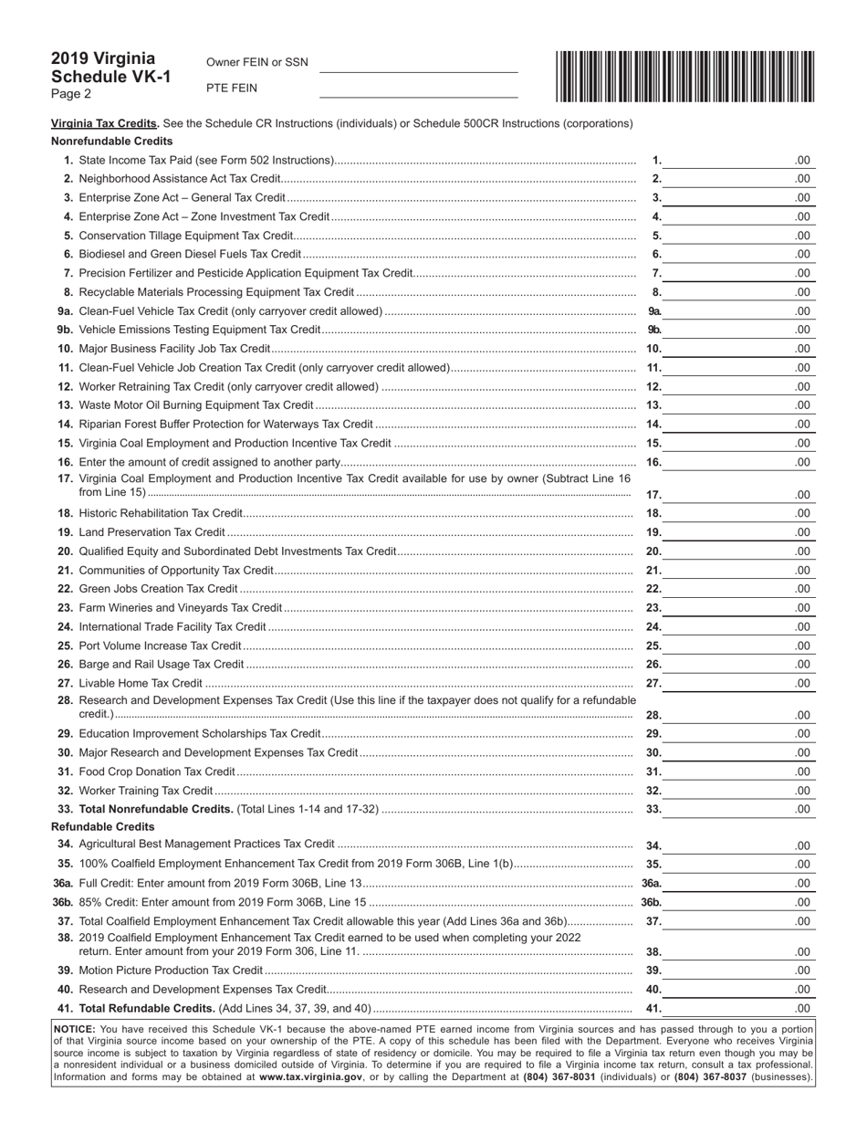 Form 502 Schedule VK-1 Virginia Pass-Through Entity Owners Share of Income and Virginia Modifications and Credits - Virginia, Page 2
