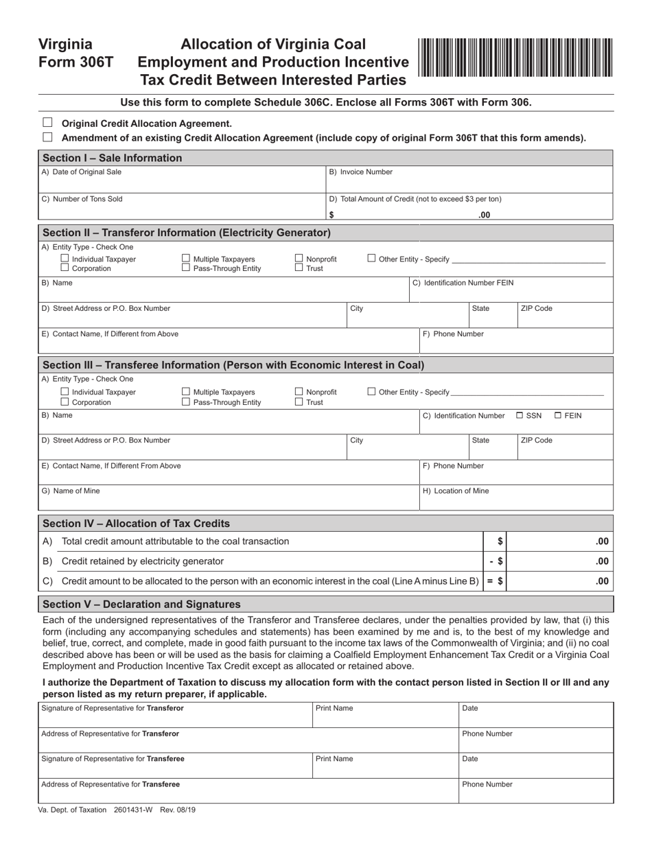 Form 306T Allocation of Virginia Coal Employment and Production Incentive Tax Credit Between Interested Parties - Virginia, Page 1