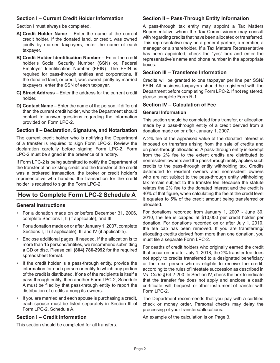 Instructions for Form LPC-2 Notification of Transfer of Land Preservation Credit - Virginia, Page 2