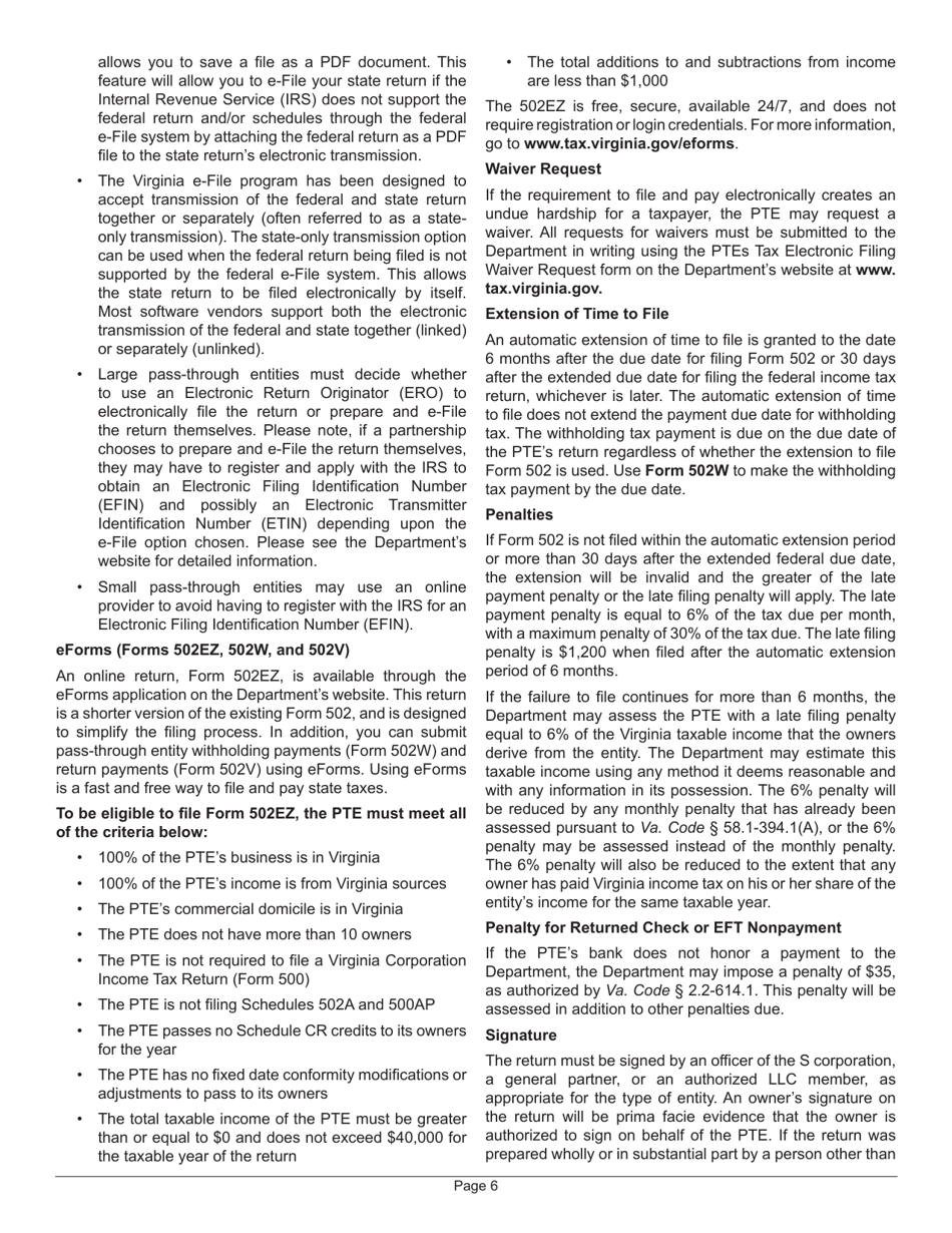 Instructions for Form 502 Pass-Through Entity Return of Income and Return of Nonresident Withholding Tax - Virginia, Page 10