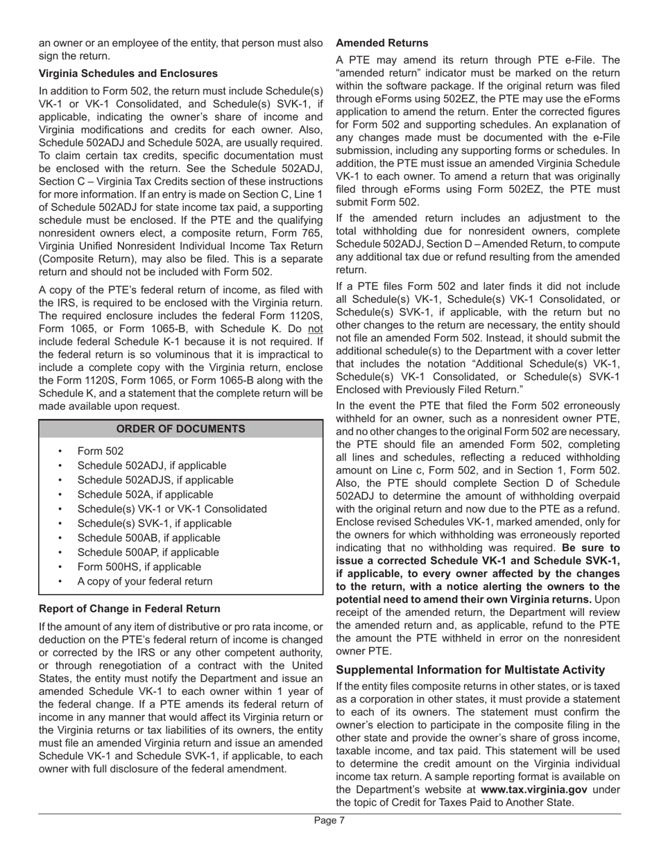 Instructions for Form 502 Pass-Through Entity Return of Income and Return of Nonresident Withholding Tax - Virginia, Page 11