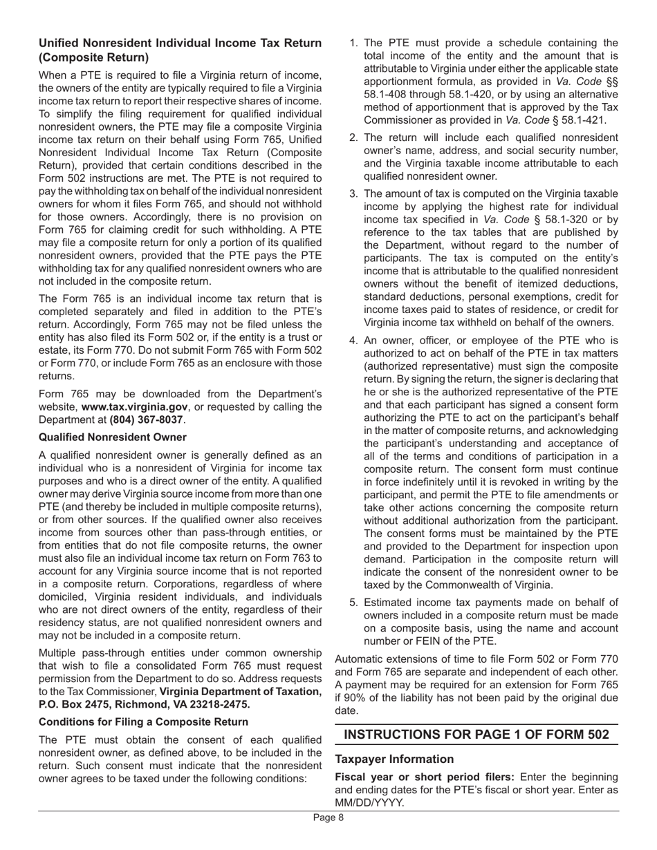 Instructions for Form 502 Pass-Through Entity Return of Income and Return of Nonresident Withholding Tax - Virginia, Page 12