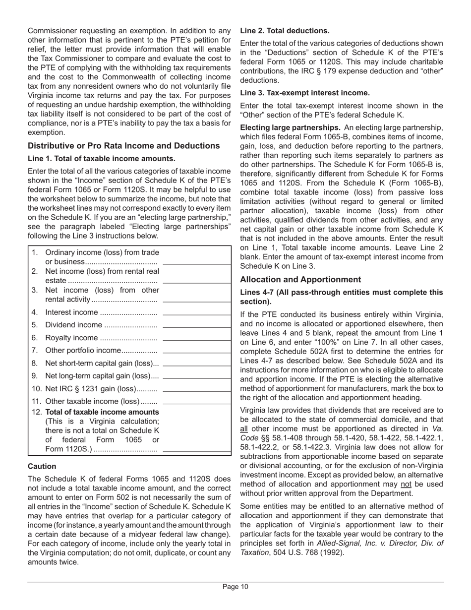 Instructions for Form 502 Pass-Through Entity Return of Income and Return of Nonresident Withholding Tax - Virginia, Page 14