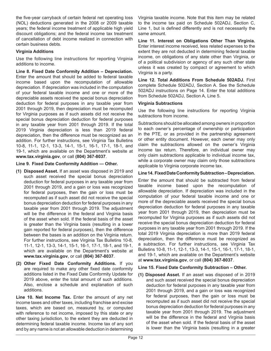 Instructions for Form 502 Pass-Through Entity Return of Income and Return of Nonresident Withholding Tax - Virginia, Page 16