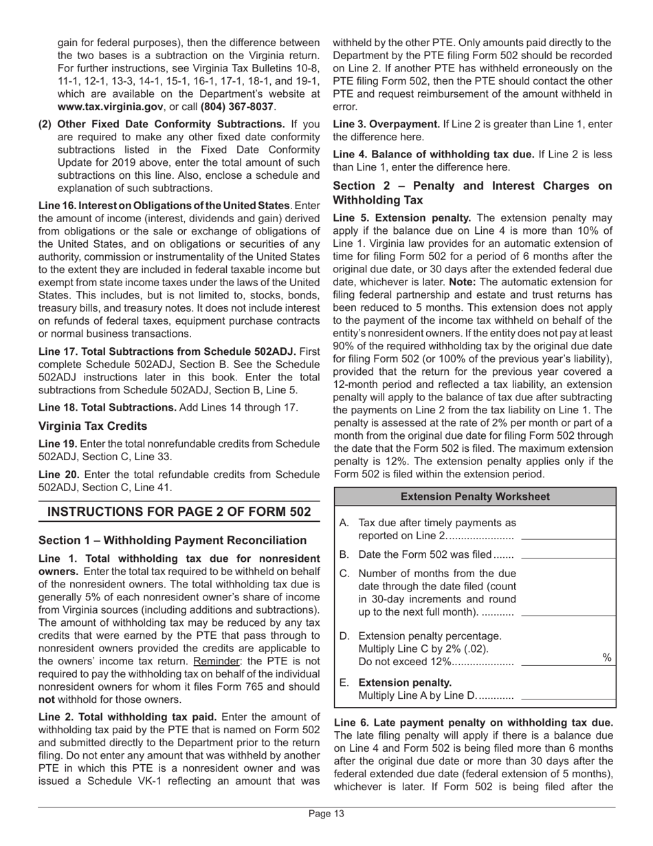 Instructions for Form 502 Pass-Through Entity Return of Income and Return of Nonresident Withholding Tax - Virginia, Page 17